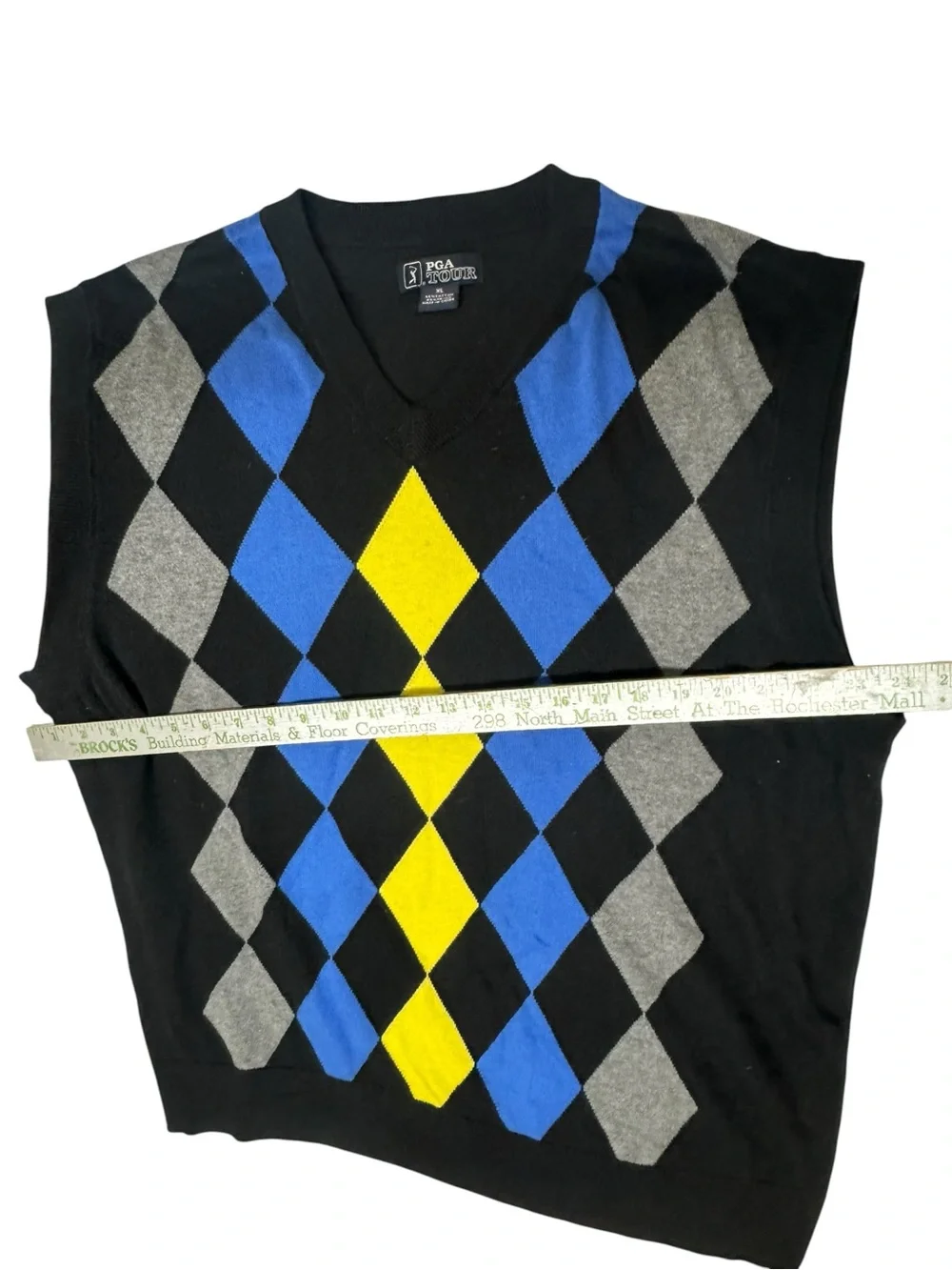 PGA Tour Mens XL Argyle Golf Sweater Vest V Neck Black Blue Yellow Country Club